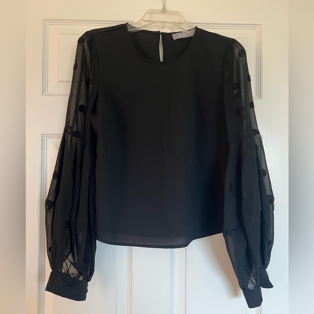 Marled Black Blouse with Sheer Polka Dot Sleeves